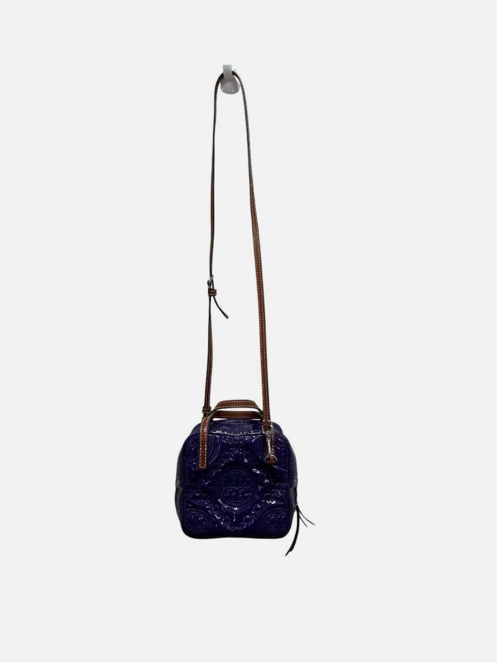 Tory Burch Purple Patent Leather Embossed Crossbody with Tan Strap - Picture 3 of 9